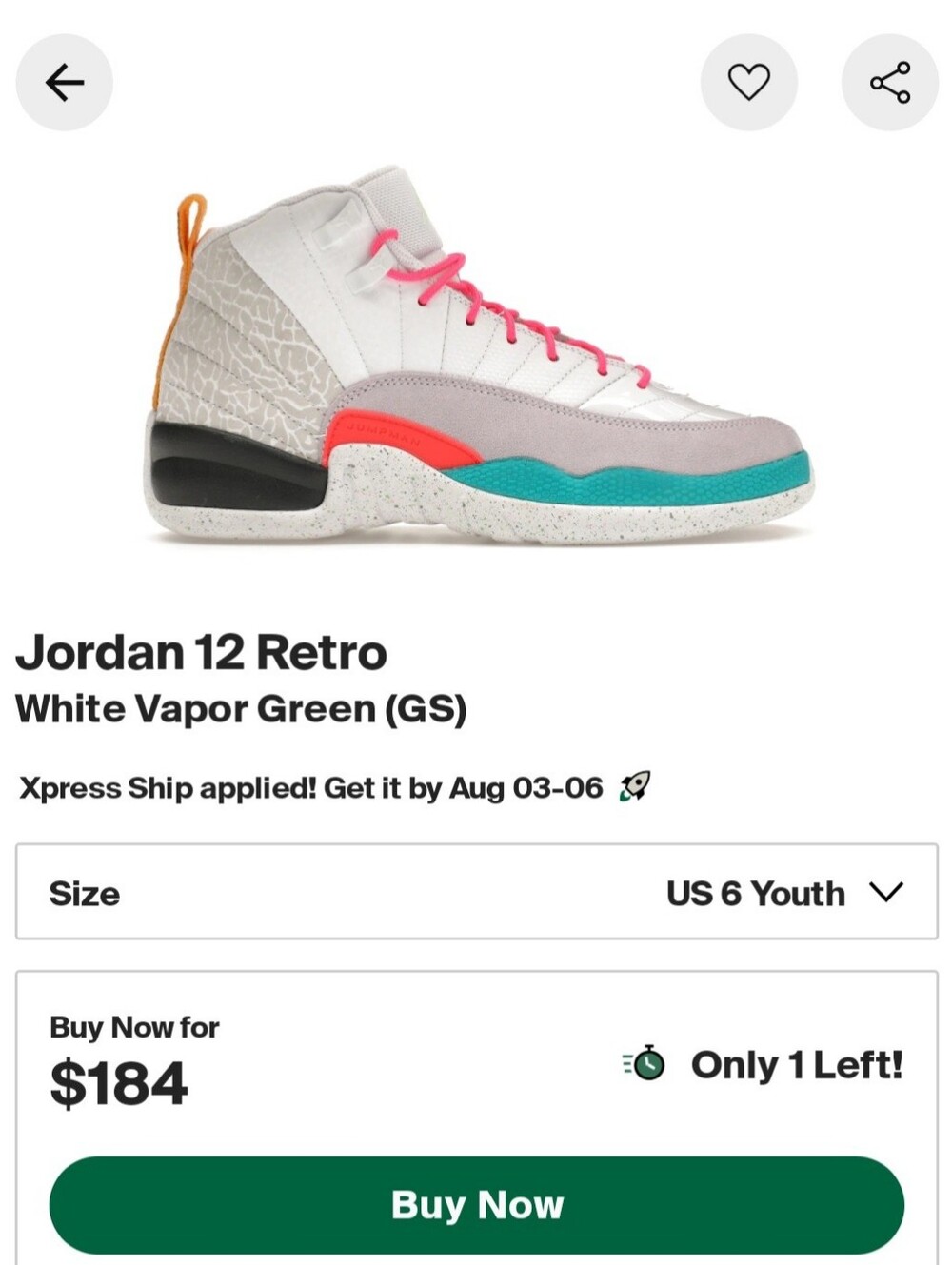 Jordan 12 Retro (GS) - White, Vapor Green, Photon Dust SIZE 6Y